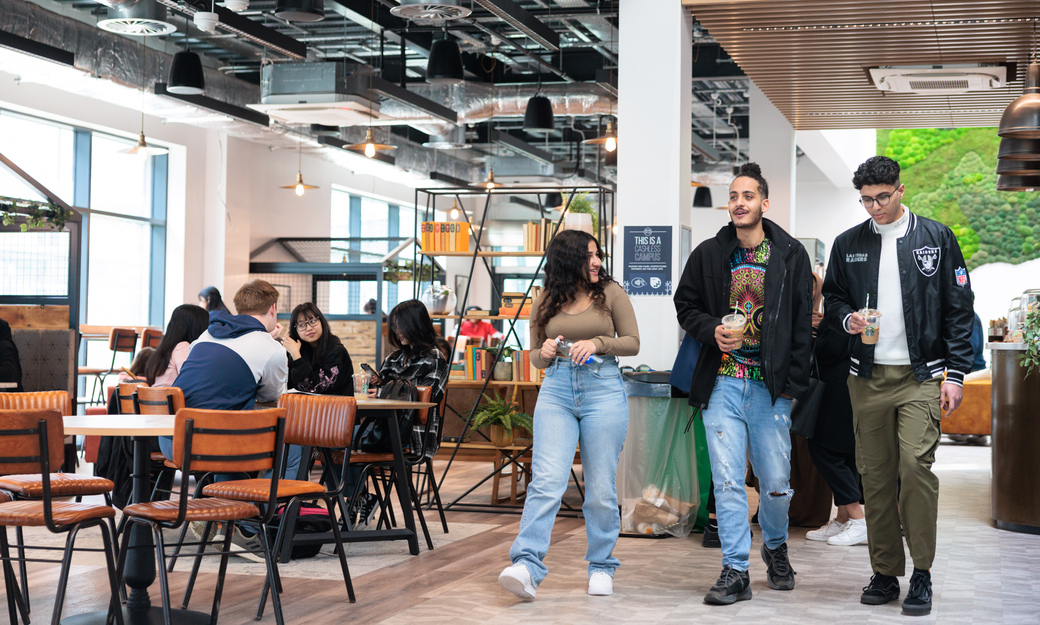 Students eating and socialising in the Enterprise Hub