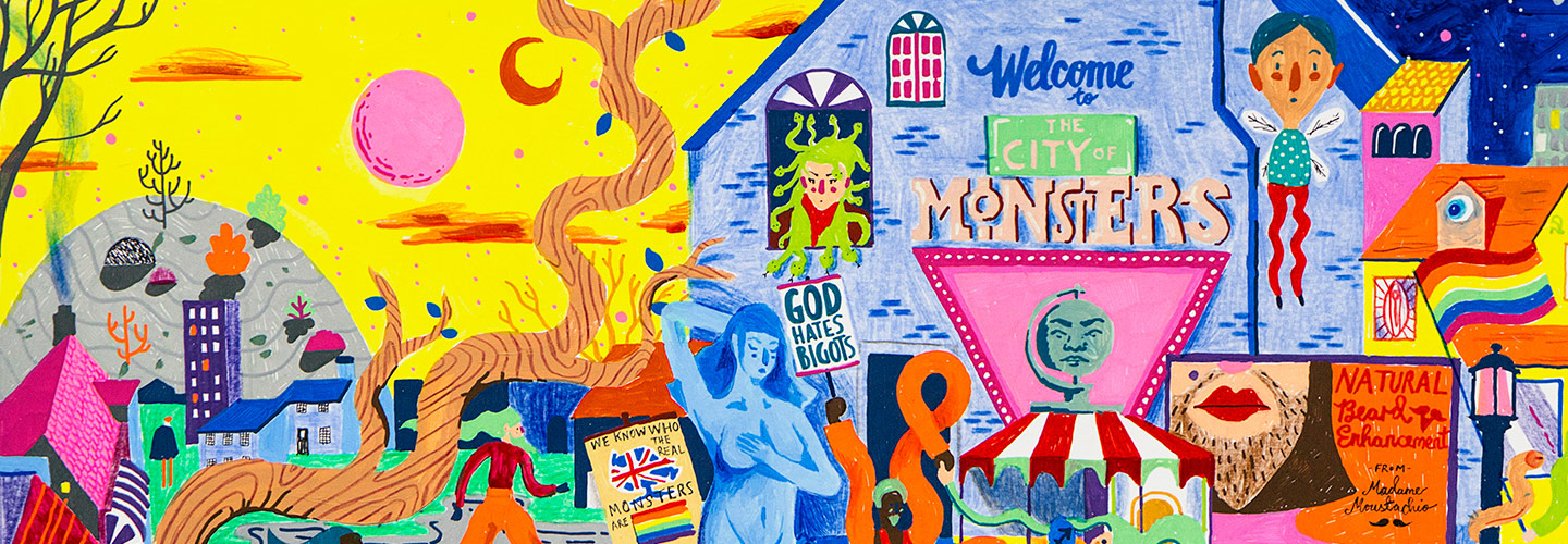 Illustration of monsters in city