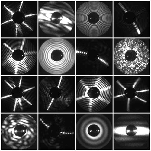 Examples of particle scattering pattern images recorded by the PPD2 from droplets, ice crystals, and mineral aerosol.
