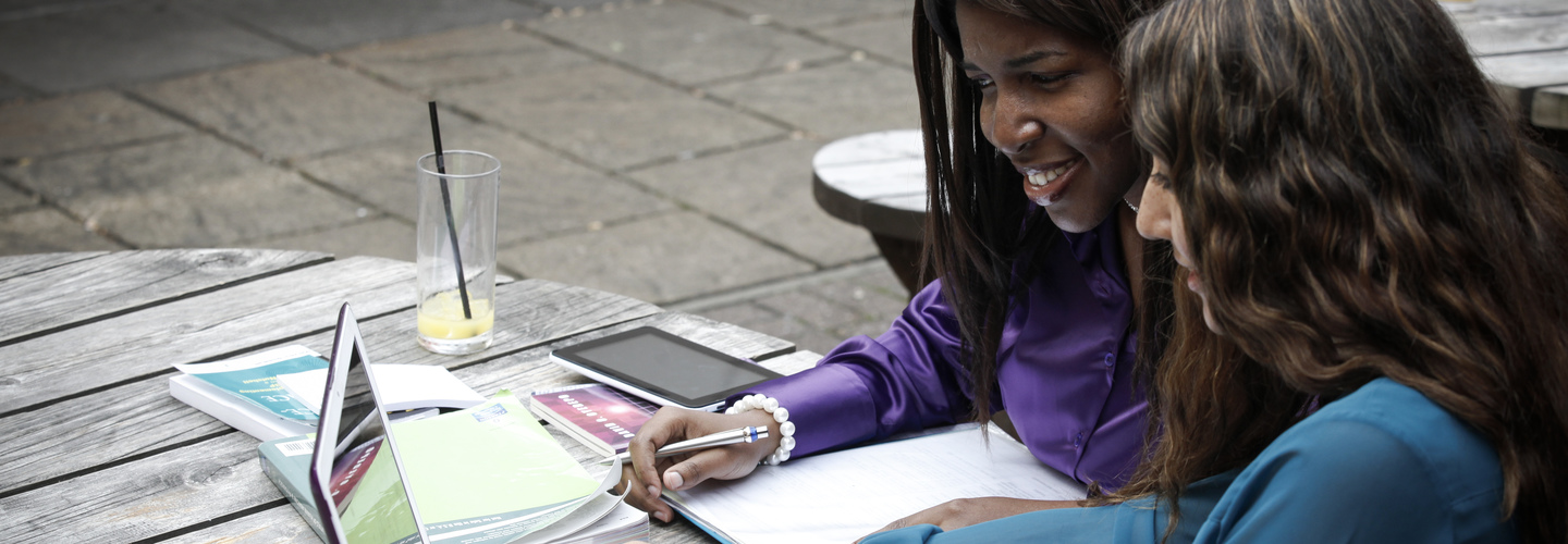 Two female students working together on a project