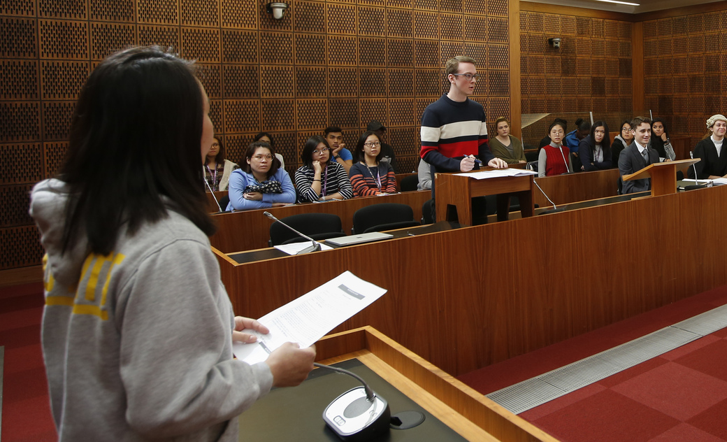 students practising in mock law court