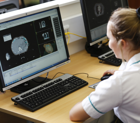 Student on computer looking at xrays