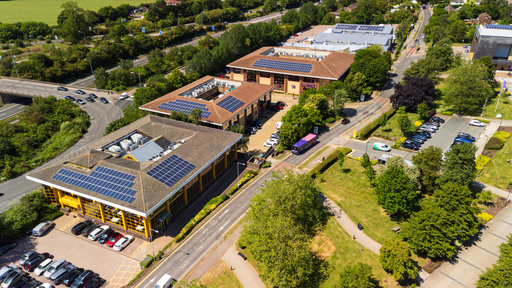 Aerial picture of solar panels on the top of buildings